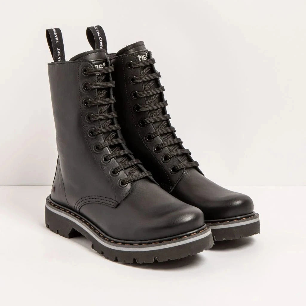 A pair of black leather lace-up boots with chunky lug soles, shown on a clean white studio background.